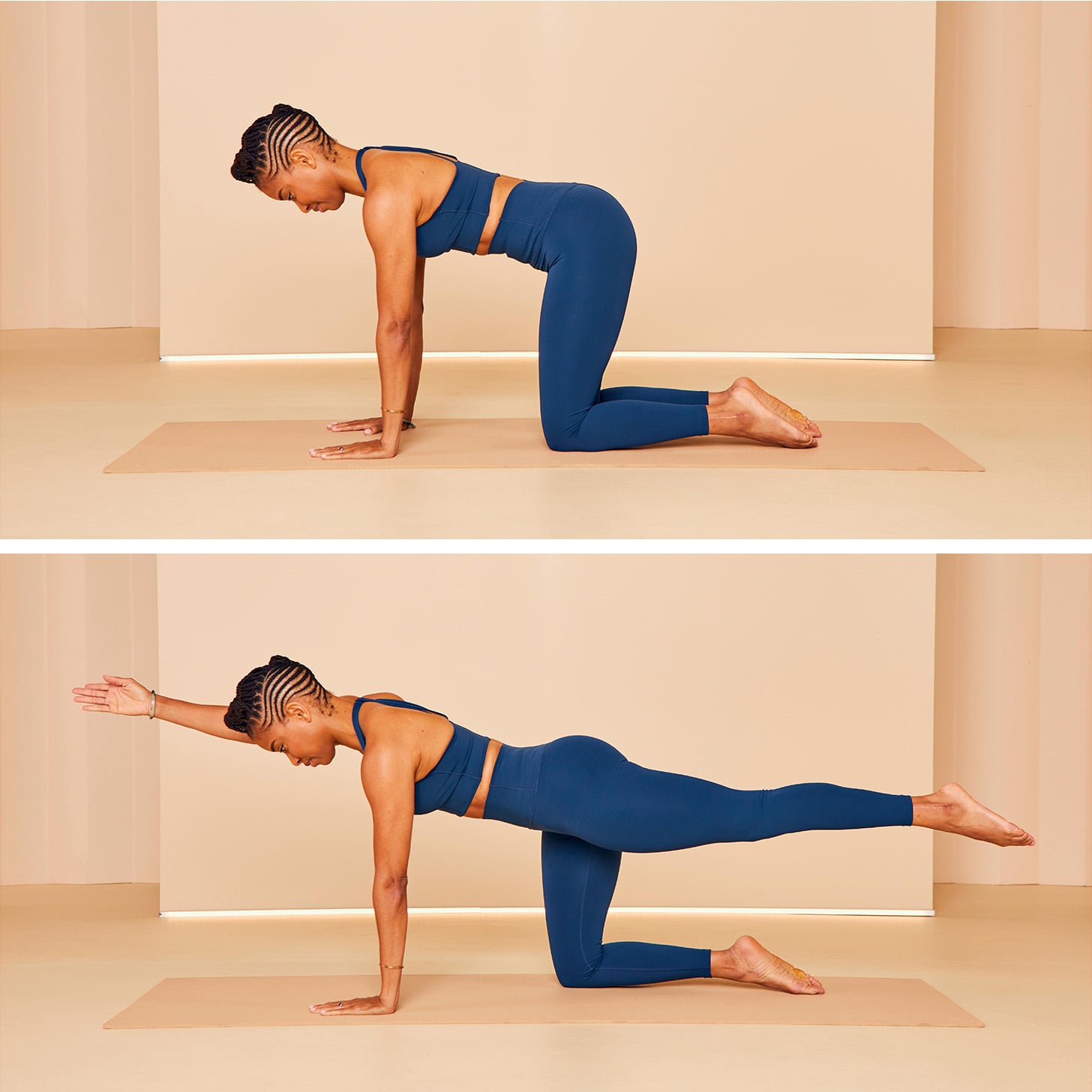Woman performing a bird dog exercise on a mat
